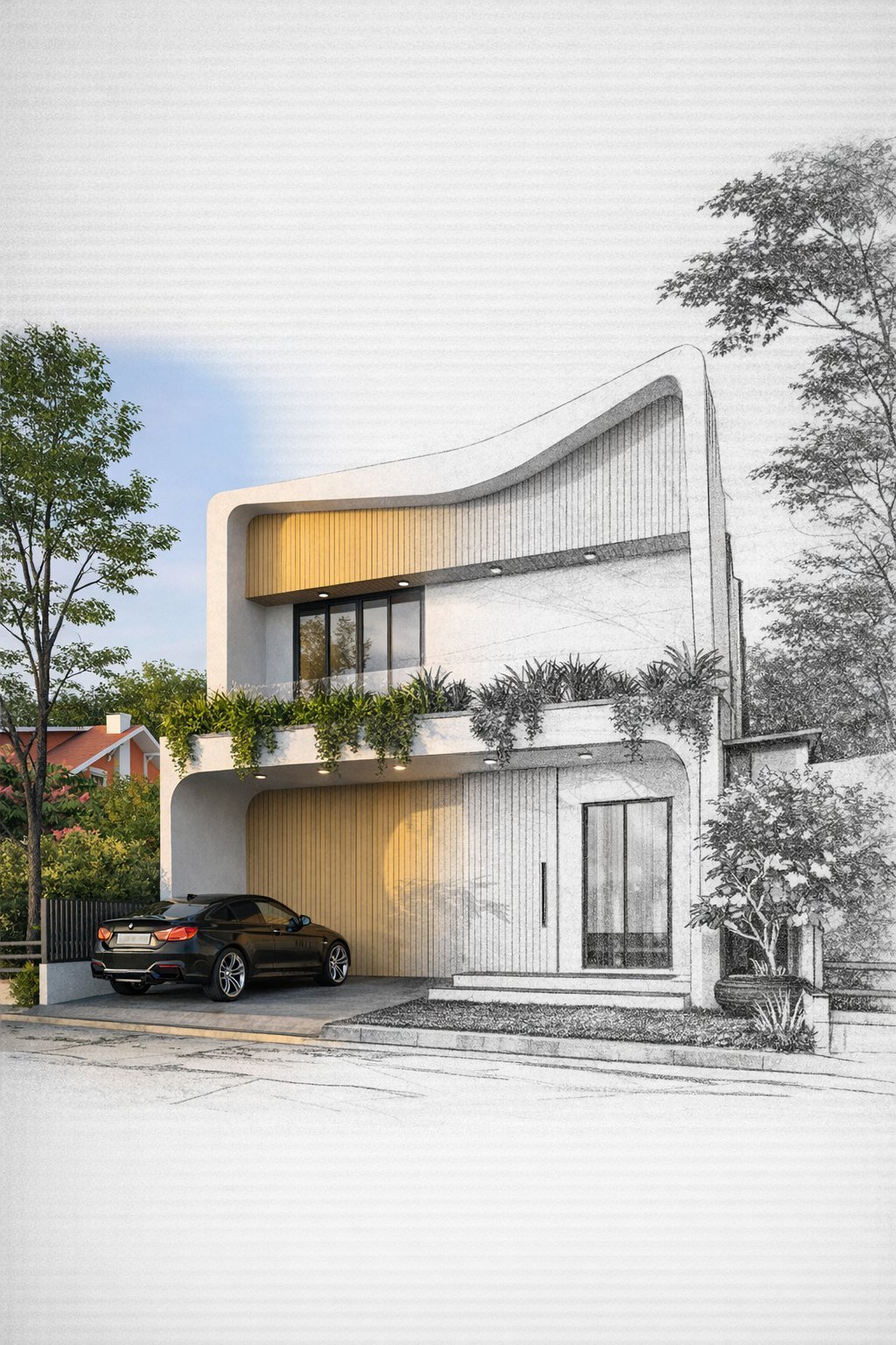 Split sketch and rendered design study for the Box Hill residence
