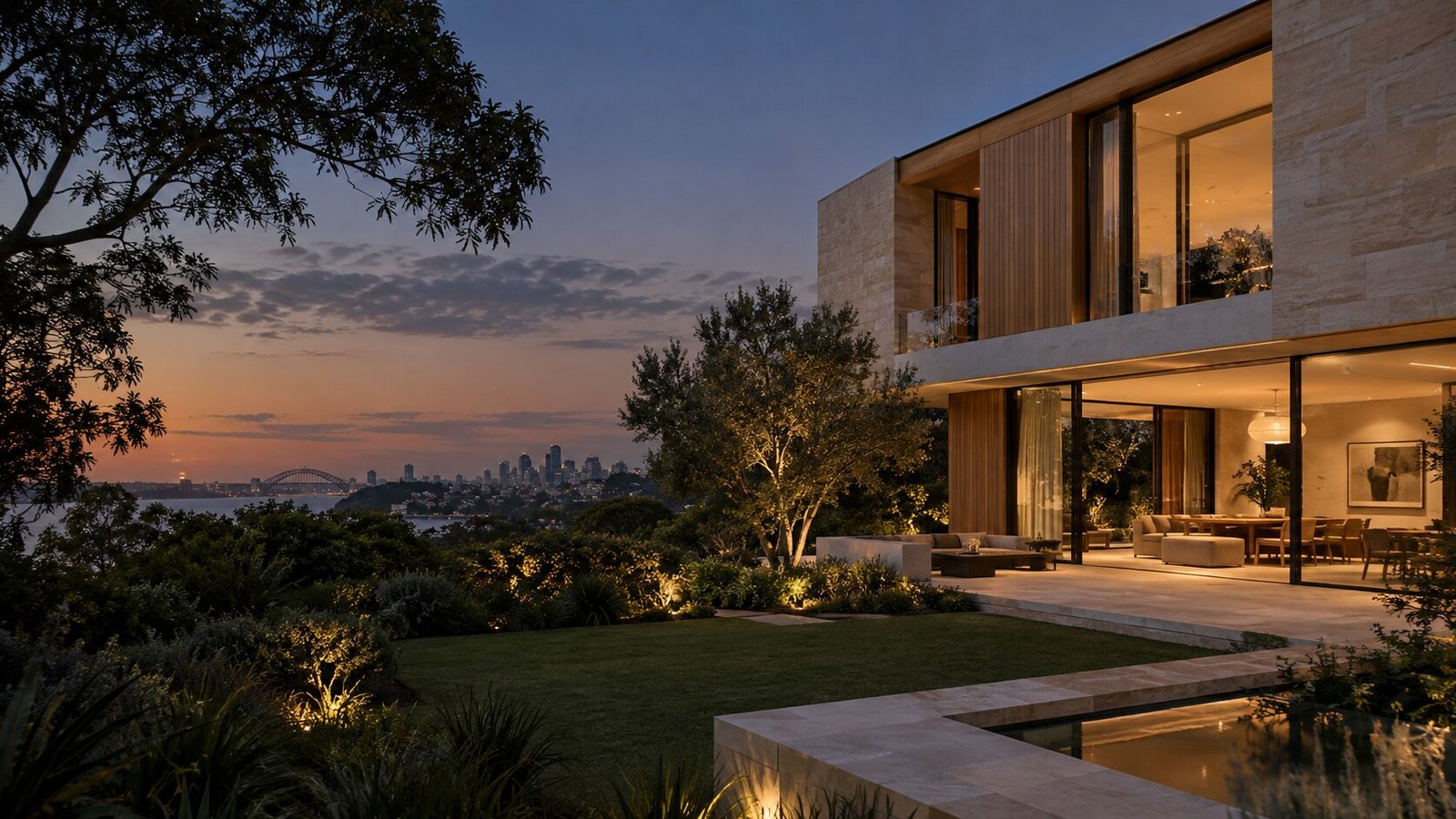 Illustrative design concept featuring natural stone, timber and soft light